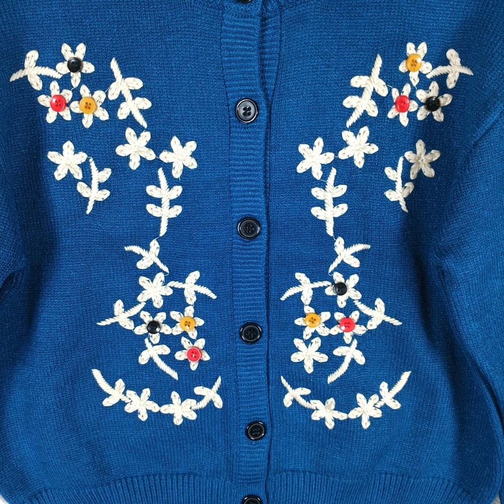 Tulip B Cardigan Sweater Women Medium Blue Floral Embroidered Cottage - Picture 2 of 7